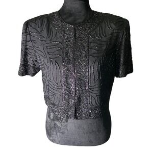 BRILLIANTE BY J.A. Black Beaded Bolero Jacket‎ Cropped Evening Wear Size P/S